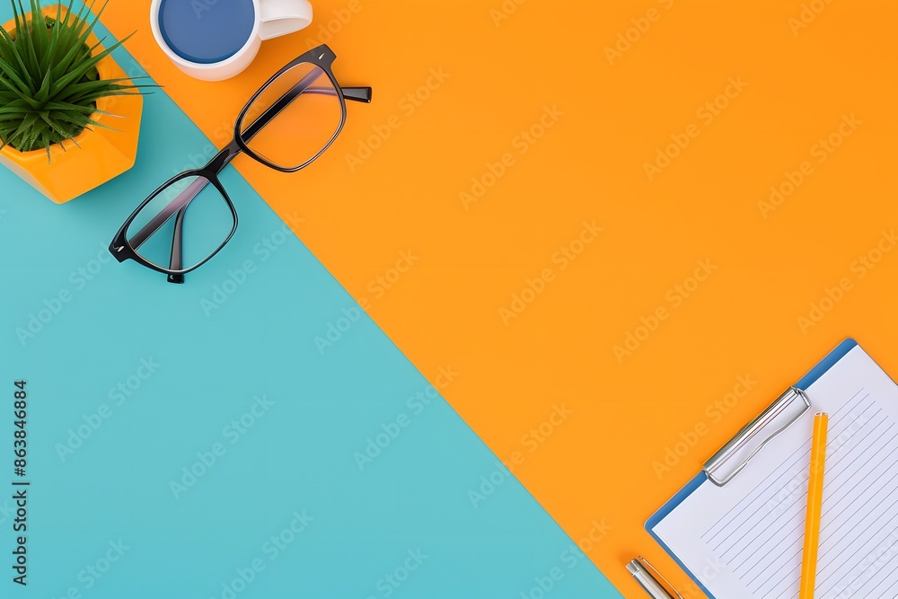 Top view of office desk with glasses, coffee, notebook, and plant on colorful background. Workspace organization and productivity concept. Top view of office desk with glasses, coffee, notebook, and plant on colorful background. Workspace organization and productivity concept.