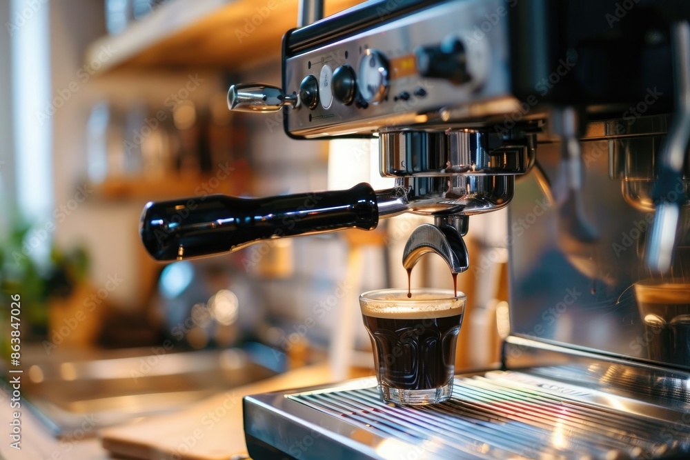 Coffee machine with cup of coffee on table in modern kitchen Coffee machine with cup of coffee on table in modern kitchen