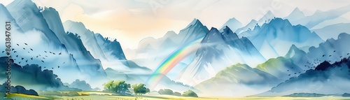 Abstract Watercolor Mountain Landscape with Rainbow.