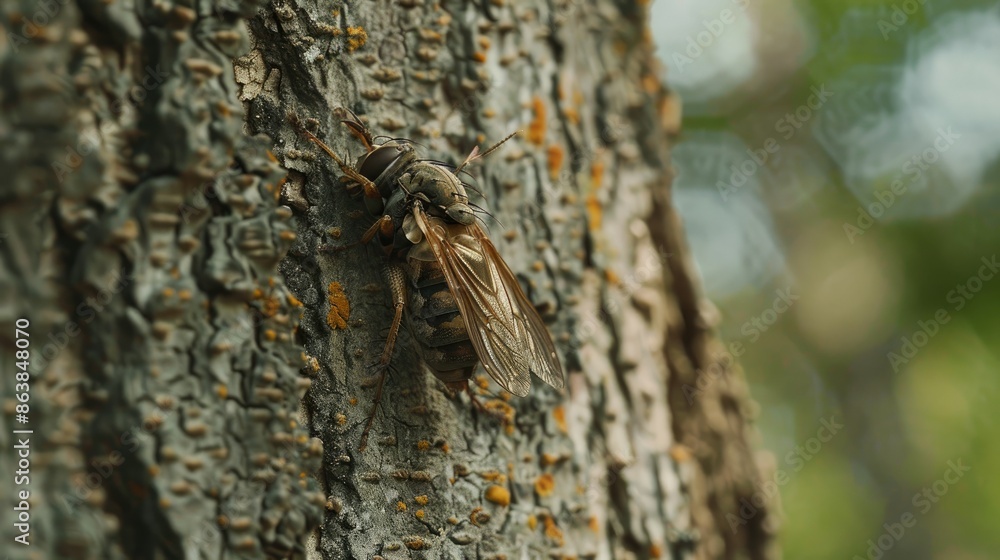 Obraz premium Insect resembling dog or fly attached to tree trunk