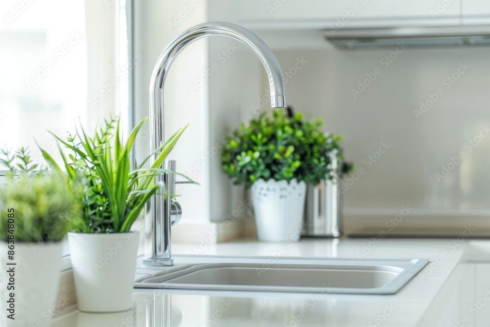 Modern kitchen interior with sink and faucet Modern kitchen interior with sink and faucet