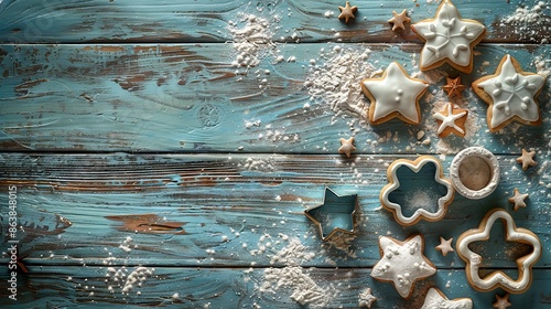 Festive Star-Shaped Cookies on Rustic Wooden Table with Blue Painted Surface photo
