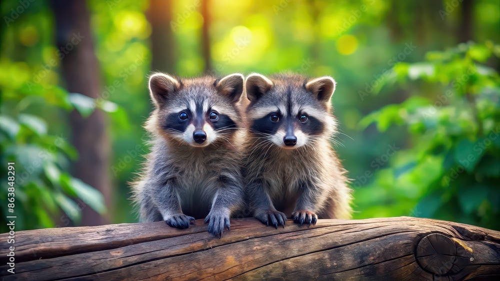 Two cute raccoons sitting on a log in the forest , raccoons, animals, wildlife, nature, outdoor, curious, cute, fluffy, forest, tree Two cute raccoons sitting on a log in the forest , raccoons, animals, wildlife, nature, outdoor, curious, cute, fluffy, forest, tree