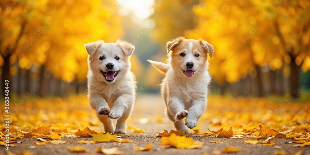 Two adorable puppies happily running on a park path covered in yellow leaves, puppies, dogs, cute, adorable, park, path Two adorable puppies happily running on a park path covered in yellow leaves, puppies, dogs, cute, adorable, park, path