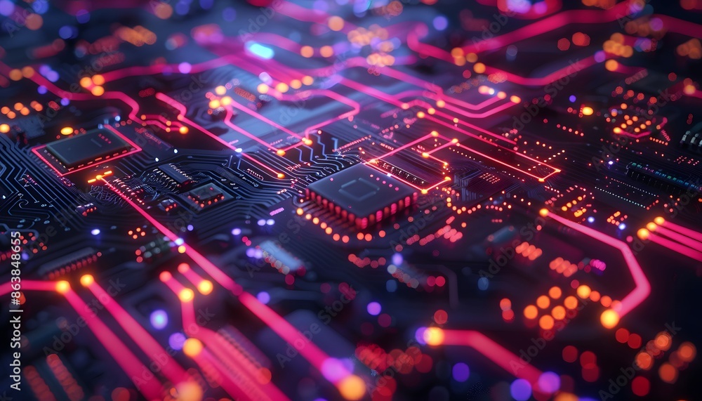 A close-up of a circuit board with glowing red and orange lights. The image creates a futuristic and technological aesthetic. A close-up of a circuit board with glowing red and orange lights. The image creates a futuristic and technological aesthetic.
