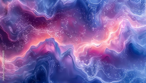 Abstract image of liquid with light reflecting off the surface. The liquid is pink and blue and contains numerous bubbles.