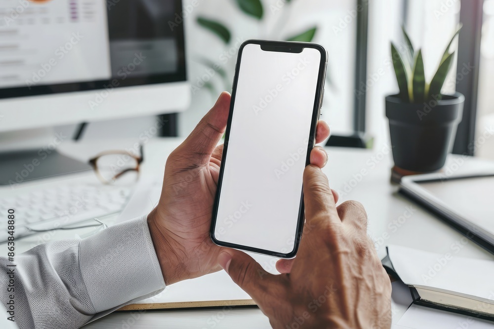 © ttonaorh - Mockup of a man's hands holding smart phone with blank white screen while sitting at the wooden table in modern office
