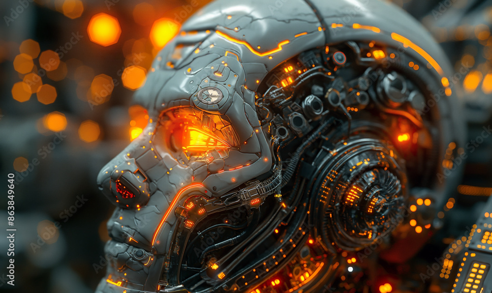 Fototapeta premium Robotic Figure With Glowing Eyes. Generative AI