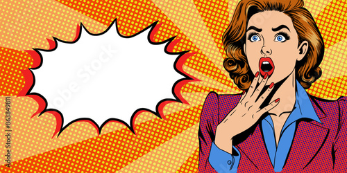 shocked woman with amazed wow face and open mouth with speech bubble. Yellow background In Retro Vintage Pop Art Comic Style. Banner template design with copy space for sale, discount, advertising