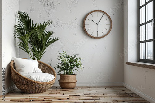Minimalistic interior of a relaxation room. Wall clock, armchair and potted plant near a white wall.