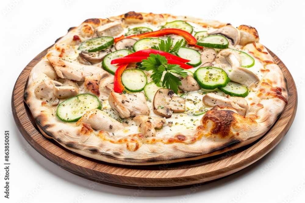 Creamy Pizza with Cervelat, Tartar Sauce, Chicken Fillet, Sliced Mushrooms, Sweet Pepper Creamy Pizza with Cervelat, Tartar Sauce, Chicken Fillet, Sliced Mushrooms, Sweet Pepper