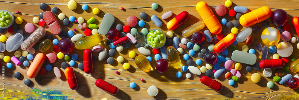 Elevated perspective of diverse vibrant supplements arranged on a timber surface. Elevated perspective of diverse vibrant supplements arranged on a timber surface.