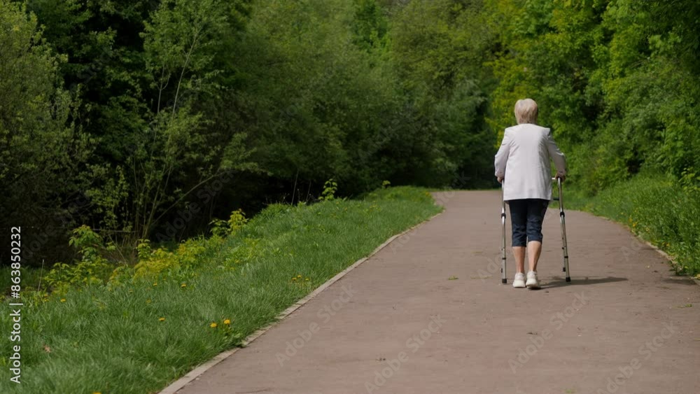 Senior woman using a walker on a scenic park path. Senior woman using a walker on a scenic park path.