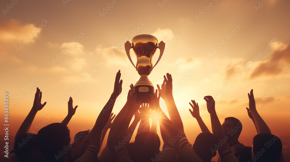 © Rattasat - The happy man and teenager joined the boy in a celebration of their soccer game, where teamwork led to winning the sport's trophy. man, soccer, sport, happy, celebration, game, teamwork, trophy, boy