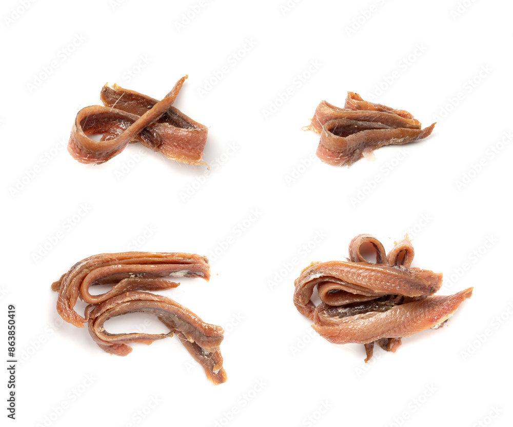 Canned anchovy fillet, marinated fish, traditional salted anchovy in oil on white Canned anchovy fillet, marinated fish, traditional salted anchovy in oil on white
