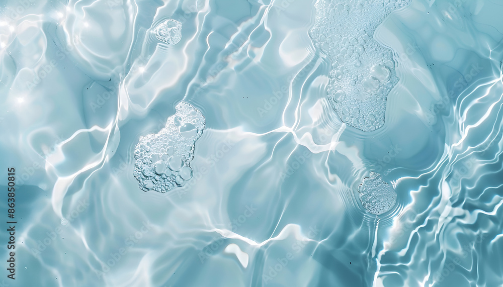 Naklejka premium Rippled surface of clear water on light blue background, top view