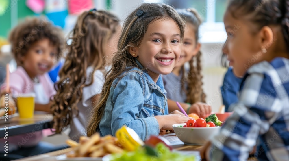 A classroom with students learning about healthy eating habits, promoting well-being and personal development through education. A classroom with students learning about healthy eating habits, promoting well-being and personal development through education.