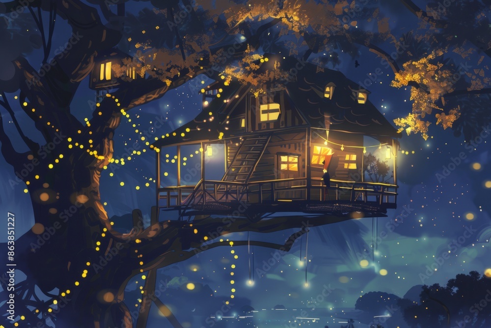 A cozy treehouse with fairy lights draped around the branches, cozy vibe, Generative AI A cozy treehouse with fairy lights draped around the branches, cozy vibe, Generative AI