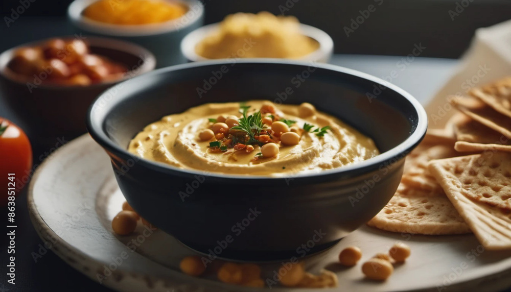 Fresh hummus with herbs in the bowl. Fresh hummus with herbs in the bowl.