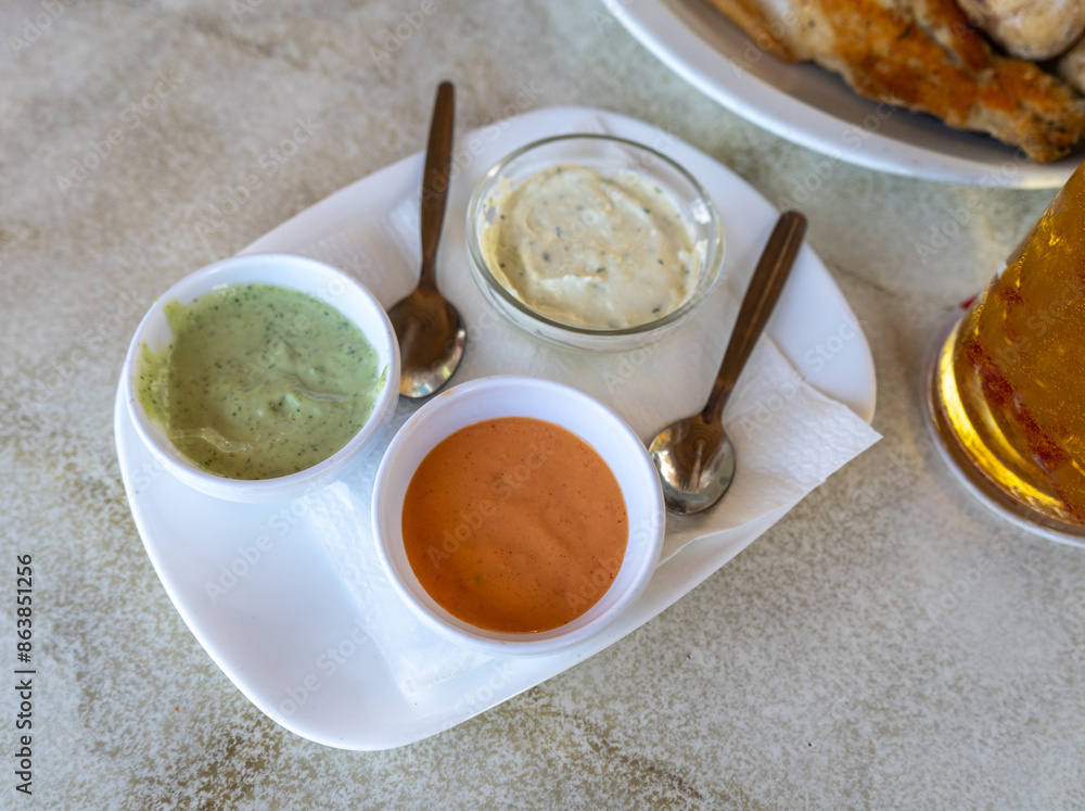 Red mojo, green mojo, garlic sauce. Traditional Tenerife dipping sauces, local cuisine, condiment tray Red mojo, green mojo, garlic sauce. Traditional Tenerife dipping sauces, local cuisine, condiment tray