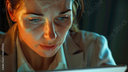 An Adult Businesswoman Looking For A New Job On Her Digital Tablet, Her Face Reflecting Hope And Concentration © PicTCoral
