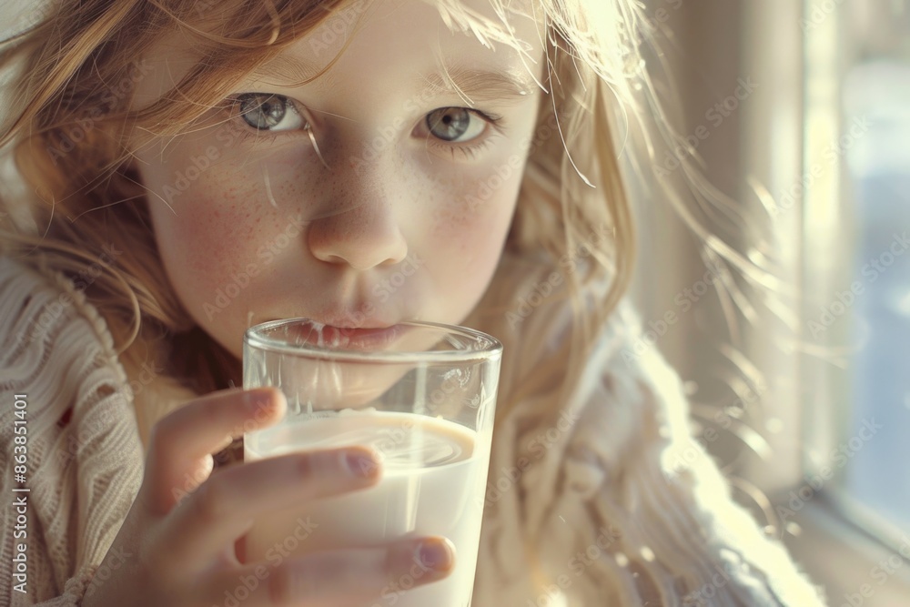 A young child sipping from a glass of white milk, possibly after dinner or as a snack A young child sipping from a glass of white milk, possibly after dinner or as a snack