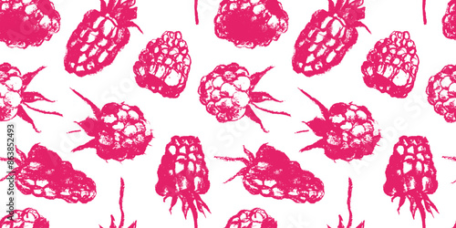 Color raspberry pattern seamless, raspberries illustration, hand-drawn vector red berry for vegan banner, juice or jam label design. Ripe raspberry background for baby food packaging.