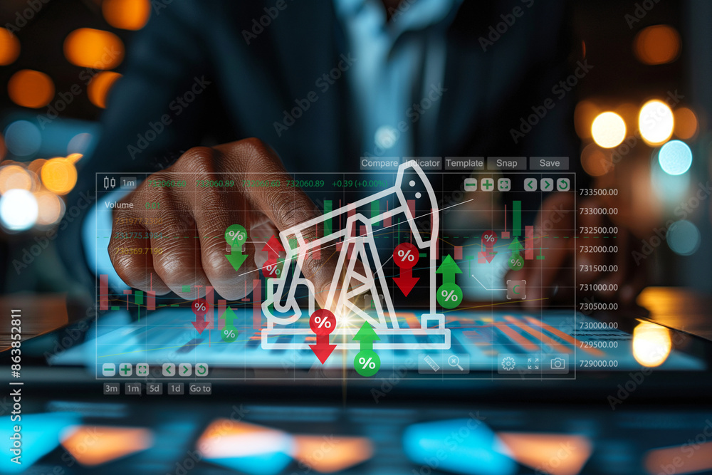 A businessman taps on the tablet screen to check the fluctuations in global oil prices concept. copy space for text. Generative ai illustration. A businessman taps on the tablet screen to check the fluctuations in global oil prices concept. copy space for text. Generative ai illustration.