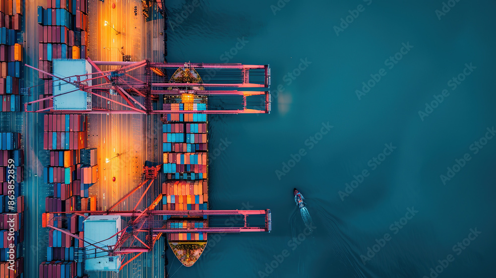 An aerial view of a port terminal, a container, a cargo ship An aerial view of a port terminal, a container, a cargo ship