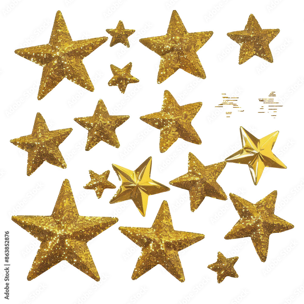 Golden glitter stars in different sizes and textures on a white background, offering a luxurious and festive look. Perfect for holiday and party decorations. Golden glitter stars in different sizes and textures on a white background, offering a luxurious and festive look. Perfect for holiday and party decorations.