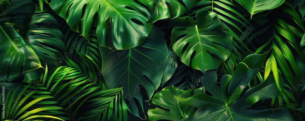 A lush green jungle with many leaves and vines. Free copy space for banner. A lush green jungle with many leaves and vines. Free copy space for banner.