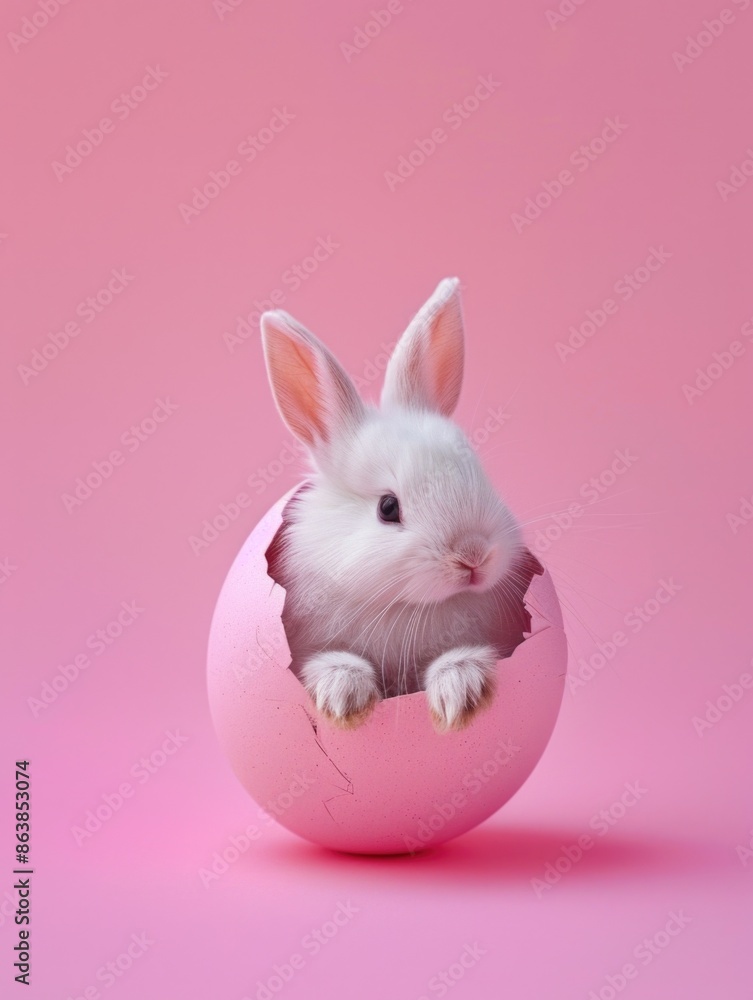 A whimsical scene featuring a white rabbit sitting comfortably inside a bright pink egg A whimsical scene featuring a white rabbit sitting comfortably inside a bright pink egg