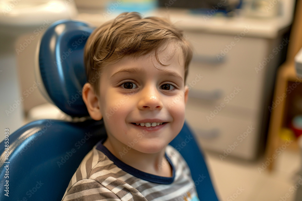 AI generated picture of small child in dentists chair during appointment at dental clinic