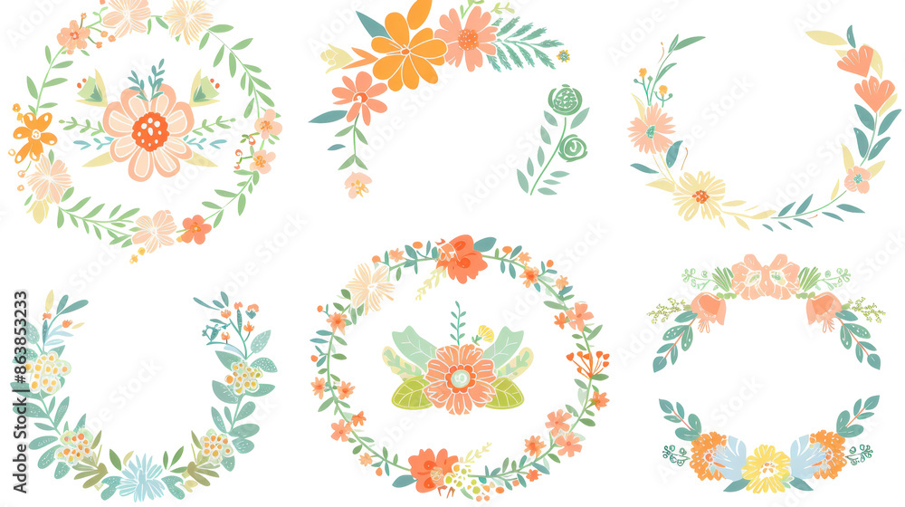 Obraz premium Collection of hand-drawn floral wreaths and borders in pastel colors, isolated on a white background. Delicate and whimsical designs.