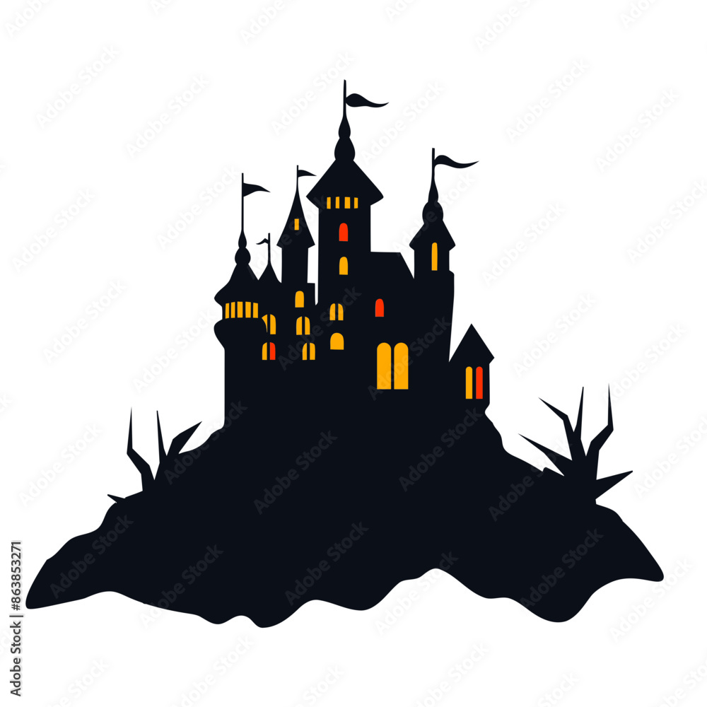 A dark silhouette of a medieval castle on a hill, with multiple towers and spires illuminated by warm lights, surrounded by a spooky forest with bare trees in the foreground A dark silhouette of a medieval castle on a hill, with multiple towers and spires illuminated by warm lights, surrounded by a spooky forest with bare trees in the foreground