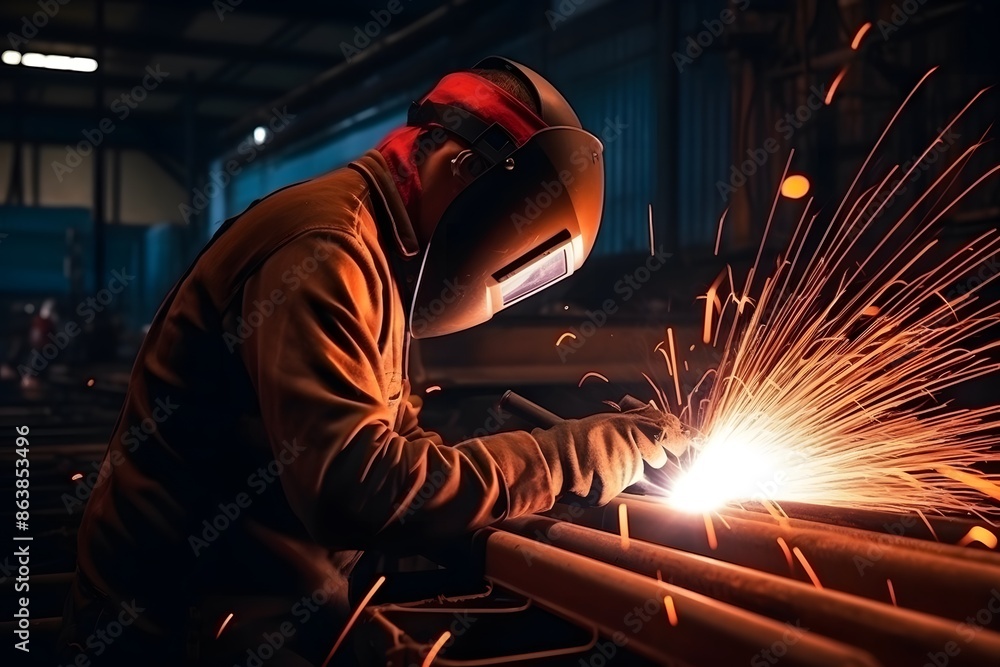 Metal welder specialist working with arc welding machine, Metalwork manufacturing. Metal welder specialist working with arc welding machine, Metalwork manufacturing.