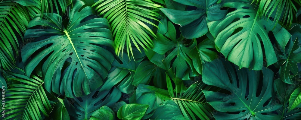 A lush green jungle with many leaves and vines. Free copy space for banner. A lush green jungle with many leaves and vines. Free copy space for banner.
