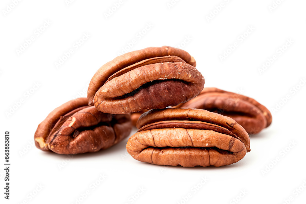 Close-up of shelled and unshelled Pecan nuts isolated on a white background, showcasing their texture Close-up of shelled and unshelled Pecan nuts isolated on a white background, showcasing their texture