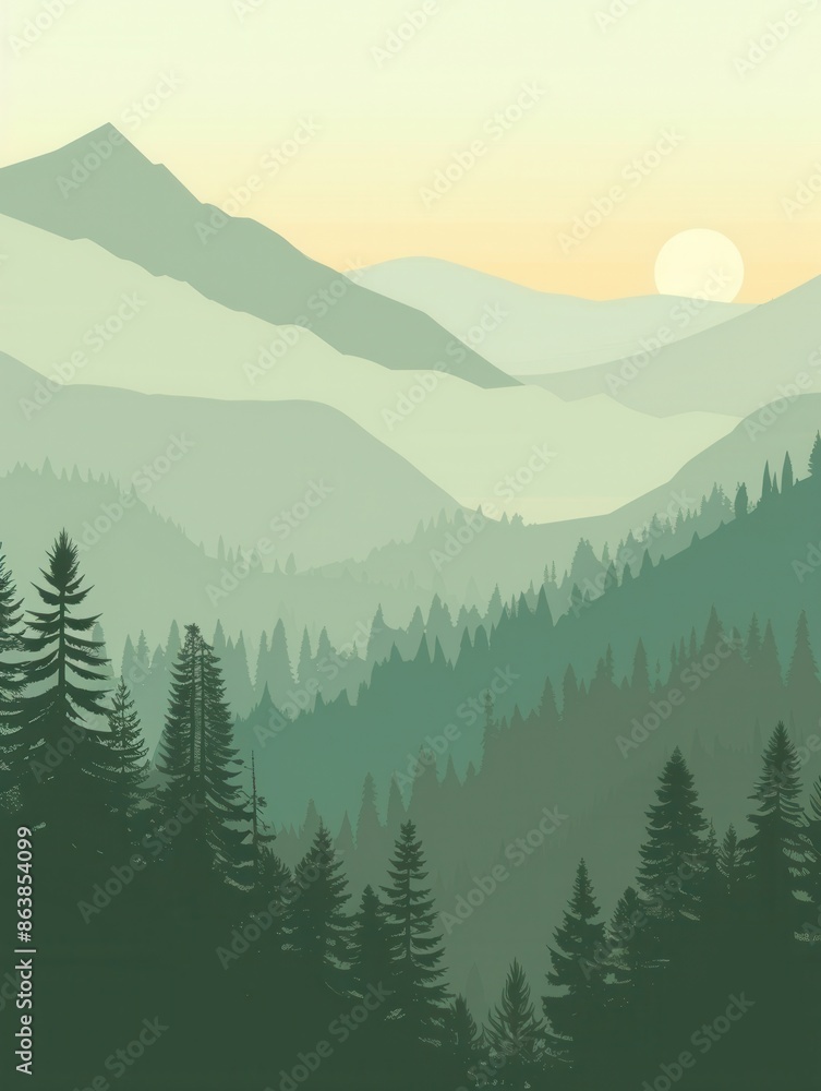 Fototapeta premium A picturesque mountain range silhouetted against a pastel dawn sky. The first rays of the sun illuminate the peaks, creating a tranquil and inspiring scene. Generative AI
