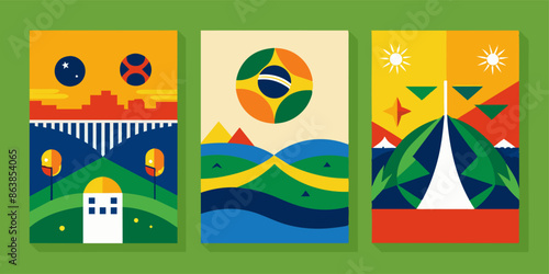 Three posters with brazilian flag on green background. Three posters featuring the Brazilian flag on a green background are included in the set