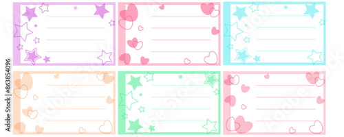 Set of colorful notebook name stickers with stars and hearts. Vector illustration for school supplies.