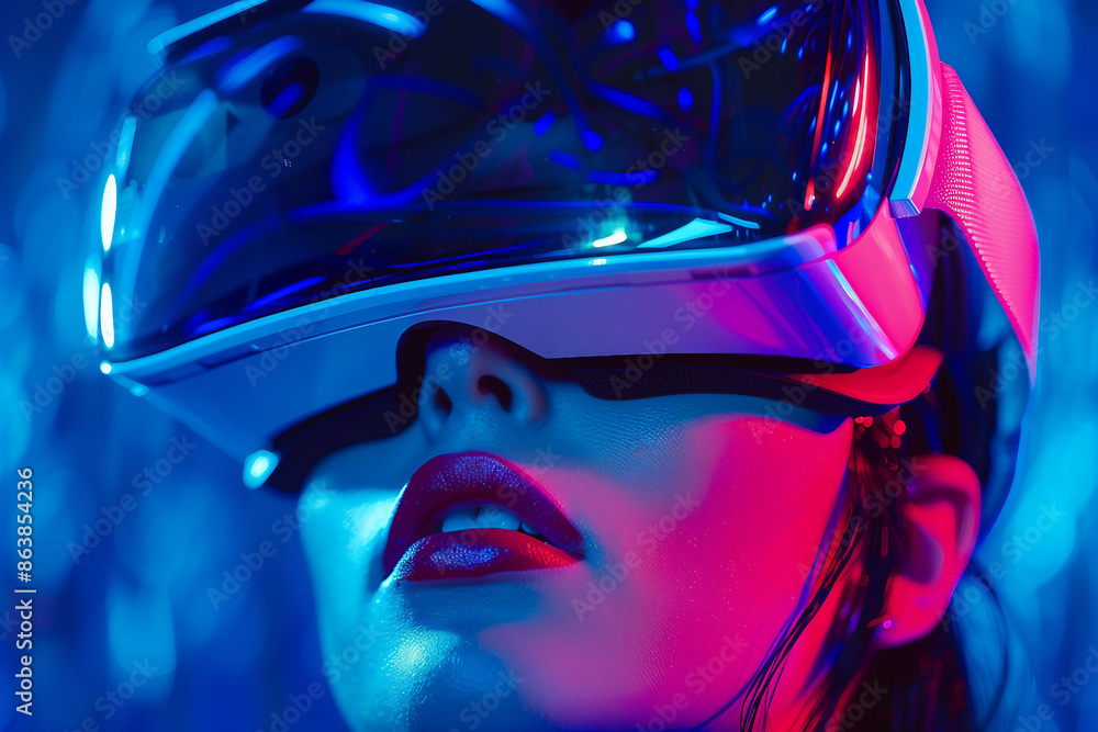 Person in vr virtual reality goggles visiting metaverse gaming world tech addicted, Generative AI Person in vr virtual reality goggles visiting metaverse gaming world tech addicted, Generative AI