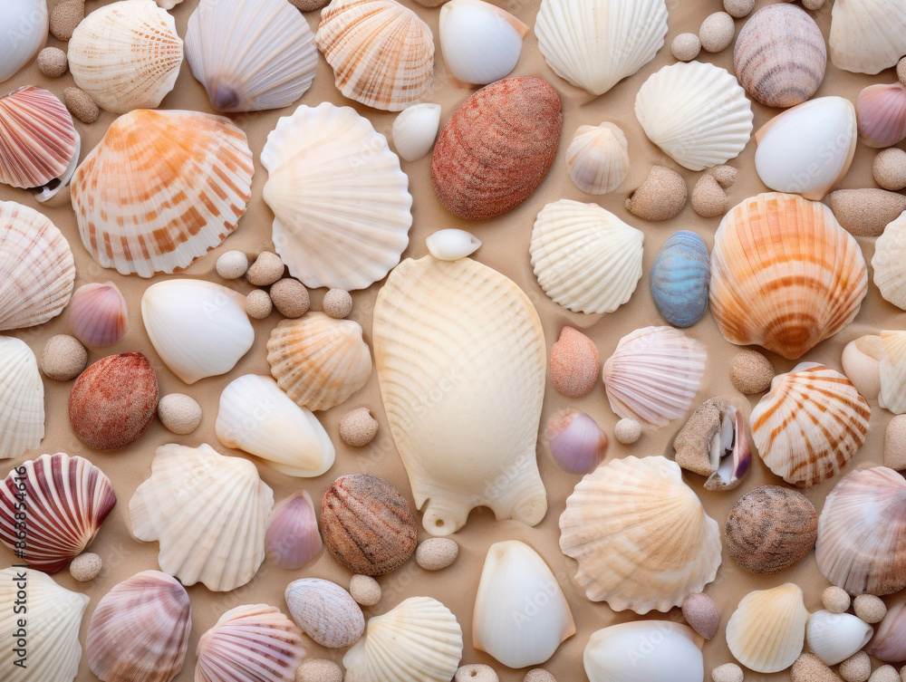 An Impressive Collection of Beautifully Textured Seashells and Starfish Arranged on a Soft Sandy Background An Impressive Collection of Beautifully Textured Seashells and Starfish Arranged on a Soft Sandy Background