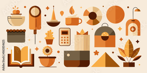A collection of items depicted in a simplistic design against a beige backdrop. A collection of items depicted in a simple, twodimensional format against a neutral beige backdrop