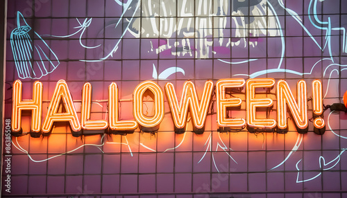 halloween, leuchtreklame, reklame, text, 3d, Buchstaben, glow, orange, 3d, text, Schrift, an, wand, geschrieben, reklame, oktober, lila, urban, urban, grunge, style, backstein, neu, Hintergrund, kunst