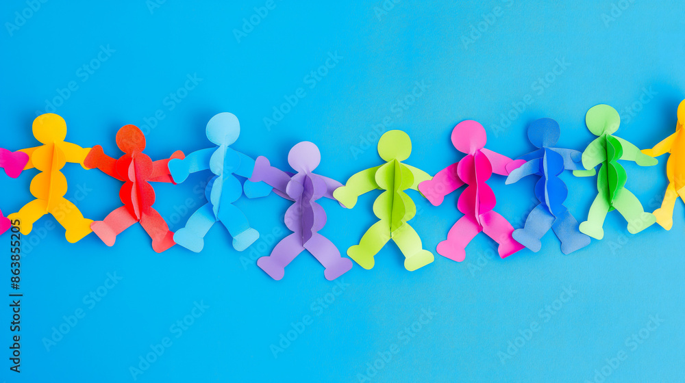 Paper chain of colorful human figures against a blue background expressing the idea of global unity. Paper chain of colorful human figures against a blue background expressing the idea of global unity.