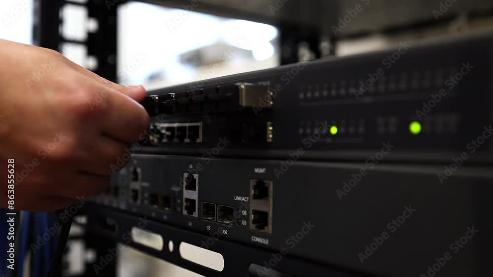 Network technician connecting ethernet cable to switch