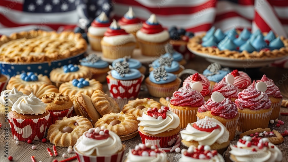 Festive array of American-themed desserts including cupcakes, cookies, and pies, with a patriotic flag in the background. Festive array of American-themed desserts including cupcakes, cookies, and pies, with a patriotic flag in the background.
