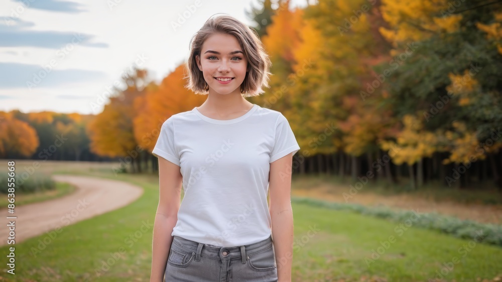 Teenage girl with short hair wearing white t-shirt and grey jeans standing in nature Teenage girl with short hair wearing white t-shirt and grey jeans standing in nature