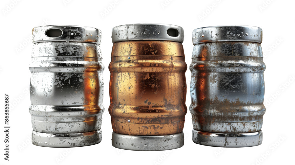 Three weathered metal beer kegs showcase rustic textures and colors, ideal for industrial and beer-themed designs. cut out. PNG. transparent background.